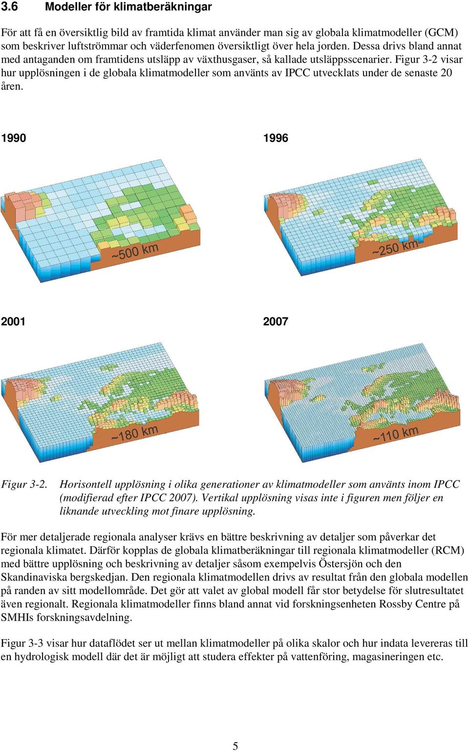 Figur 3-2 visar hur upplösningen i de globala klimatmodeller som använts av IPCC utvecklats under de senaste 20 åren. 1990 1996 2001 2007 Figur 3-2.