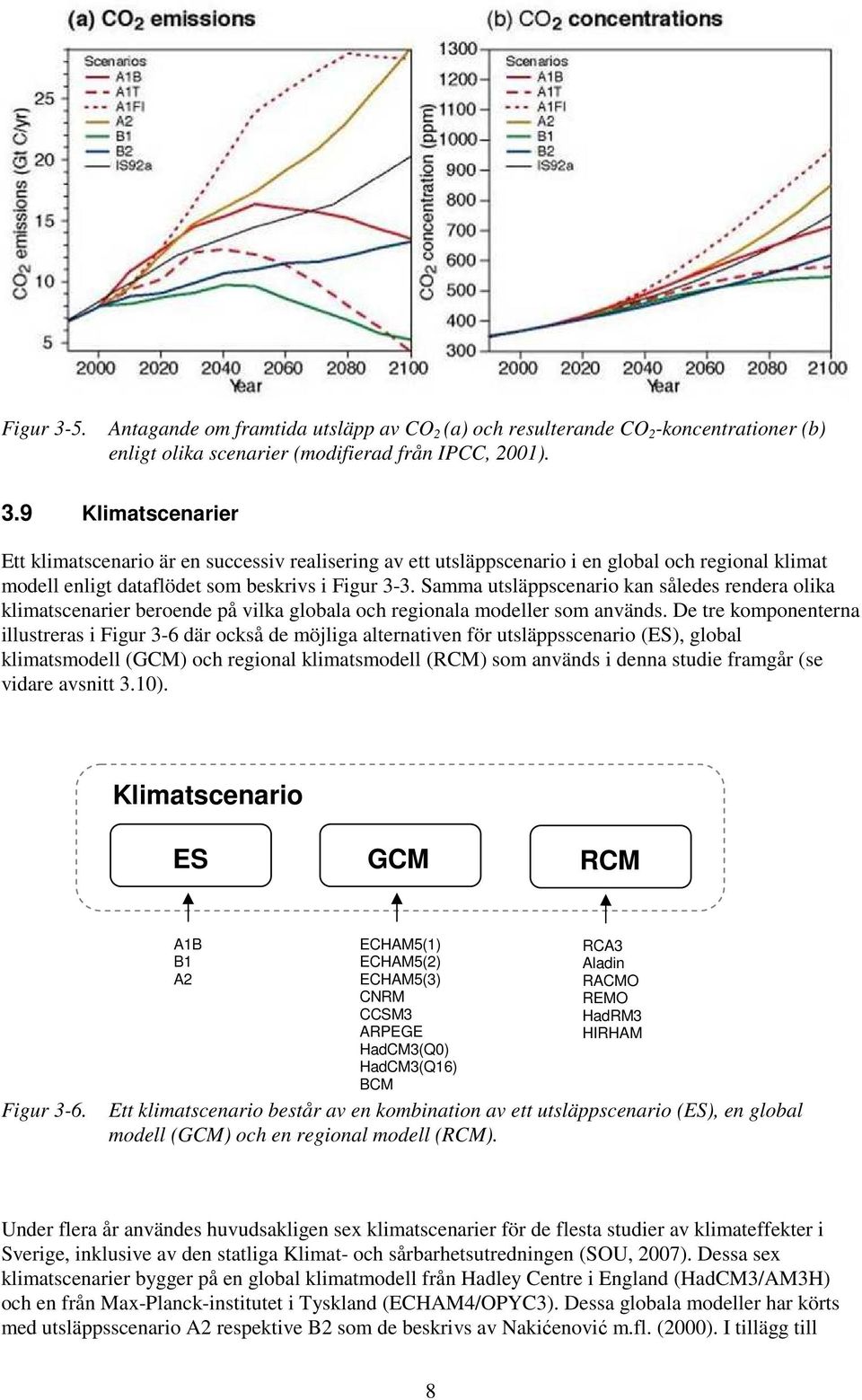 De tre komponenterna illustreras i Figur 3-6 där också de möjliga alternativen för utsläppsscenario (ES), global klimatsmodell (GCM) och regional klimatsmodell (RCM) som används i denna studie