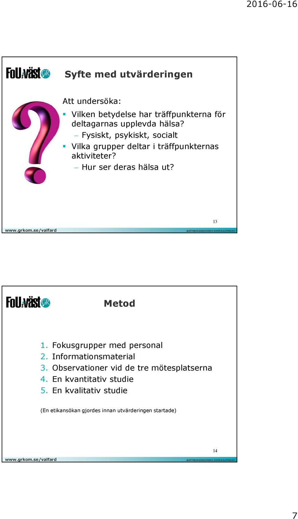 13 Metod 1. Fokusgrupper med personal 2. Informationsmaterial 3.