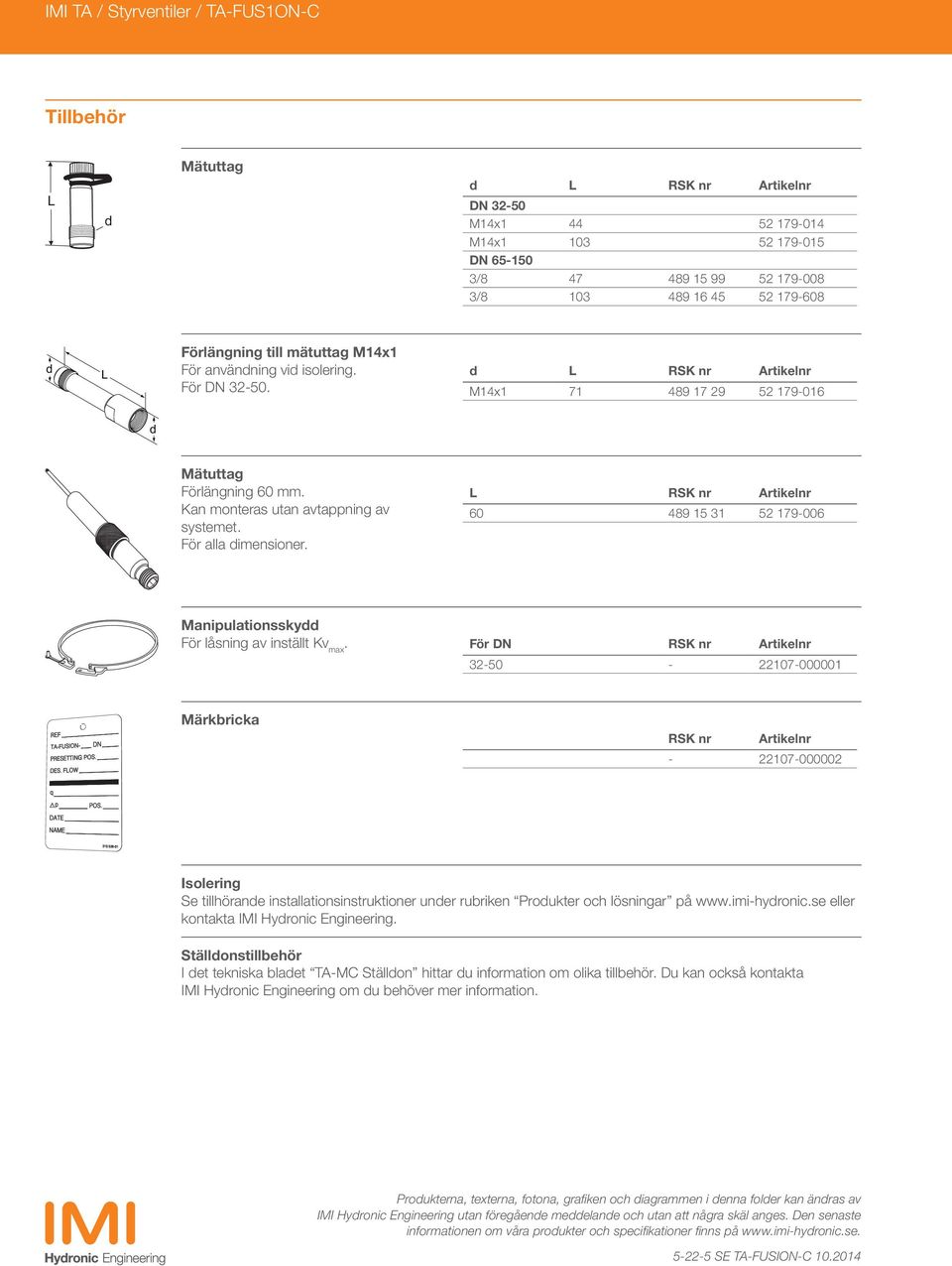 För alla dimensioner. L RSK nr Artikelnr 60 489 15 31 52 179-006 Manipulationsskydd För låsning av inställt Kv max.