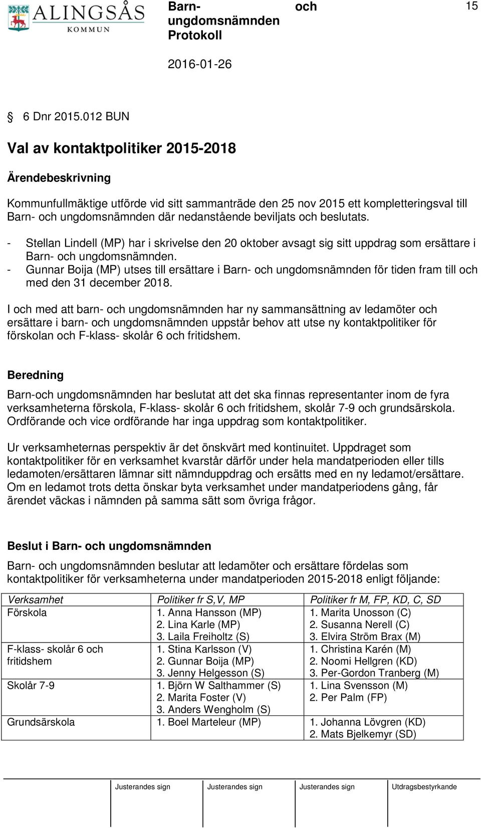 beslutats. - Stellan Lindell (MP) har i skrivelse den 20 oktober avsagt sig sitt uppdrag som ersättare i Barn- ungdomsnämnden.