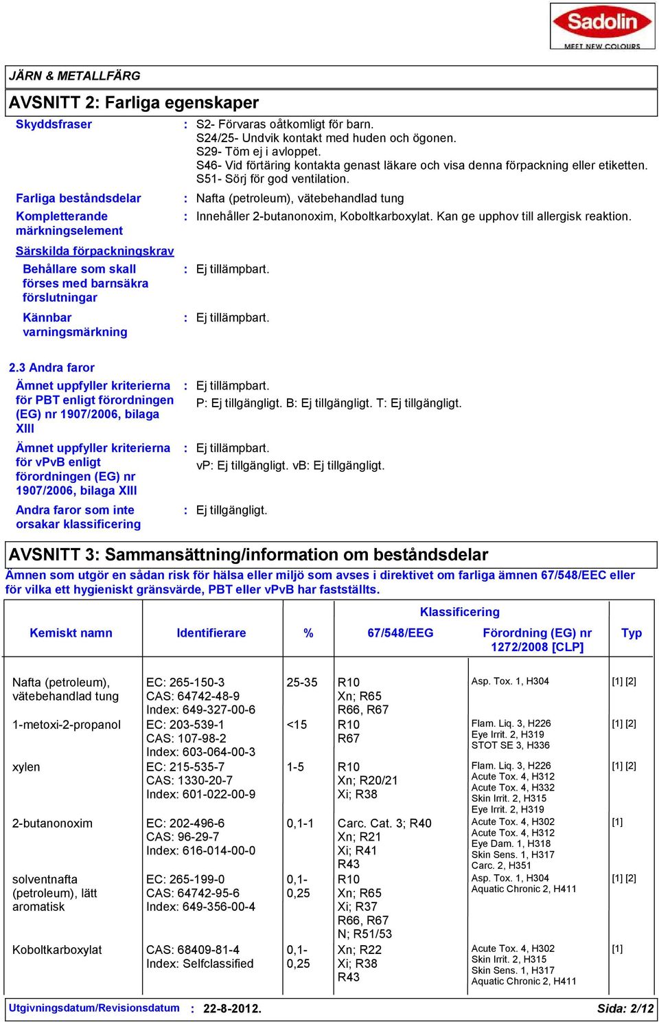 S46- Vid förtäring kontakta genast läkare och visa denna förpackning eller etiketten. S51- Sörj för god ventilation. Nafta (petroleum), vätebehandlad tung Innehåller 2-butanonoxim, Koboltkarboxylat.