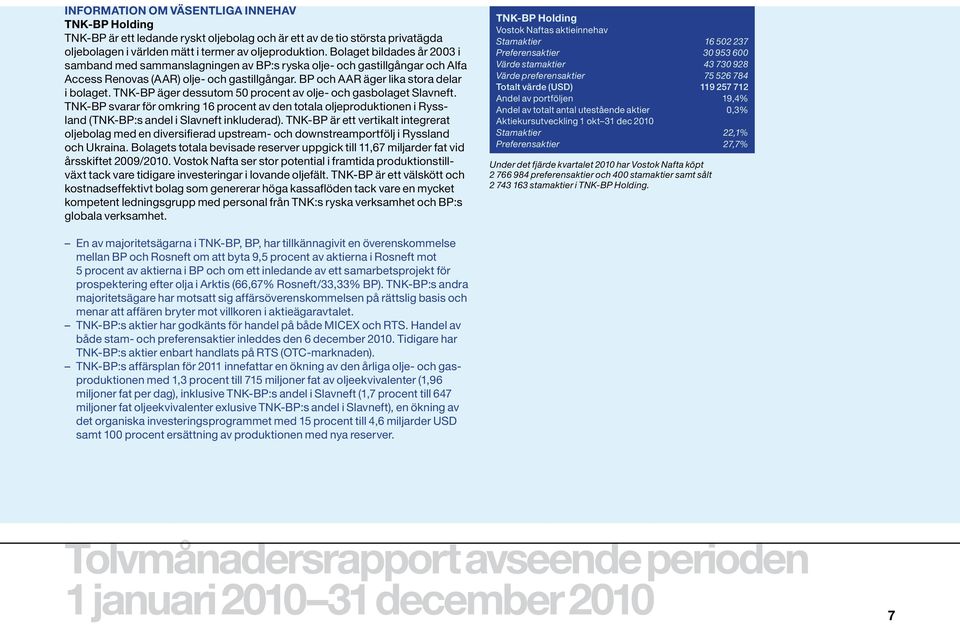 TNK-BP äger dessutom 50 procent av olje- och gasbolaget Slavneft. TNK-BP svarar för omkring 16 procent av den totala oljeproduktionen i Ryssland (TNK-BP:s andel i Slavneft inkluderad).