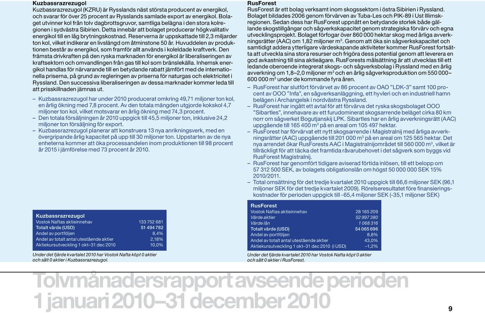 Detta innebär att bolaget producerar högkvalitativ energikol till en låg brytningskostnad. Reserverna är uppskattade till 2,3 miljarder ton kol, vilket indikerar en livslängd om åtminstone 50 år.