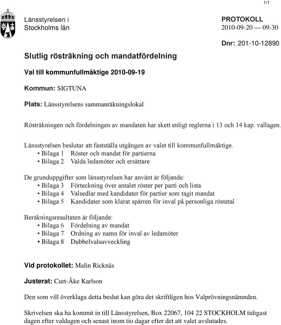 Bilaga 1 Röster och mandat för partierna Bilaga 2 Valda ledamöter och ersättare De grunduppgifter som länsstyrelsen har använt är följande: Bilaga 3 Förteckning över antalet röster per parti och