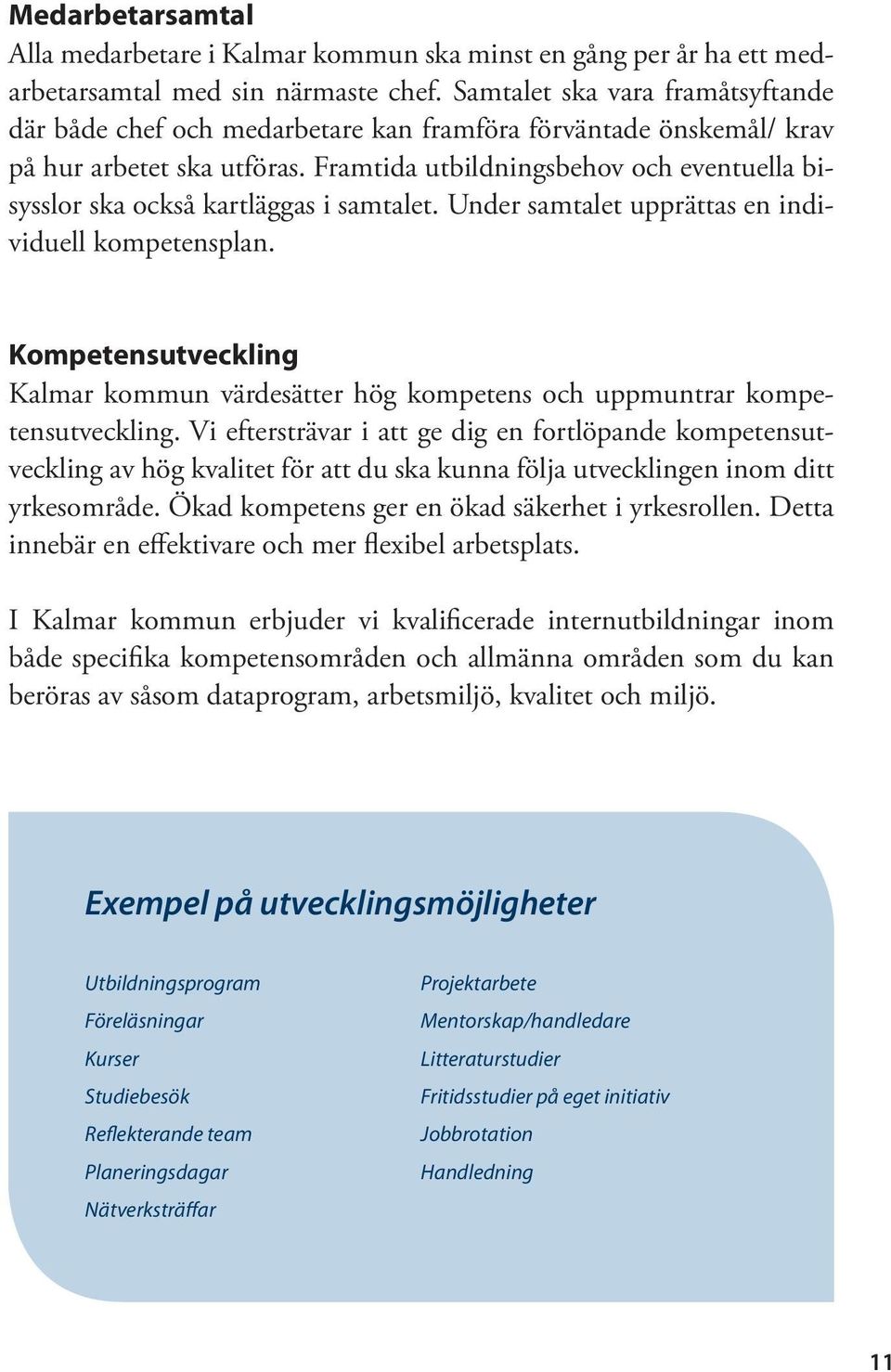 Framtida utbildningsbehov och eventuella bisysslor ska också kartläggas i samtalet. Under samtalet upprättas en individuell kompetensplan.