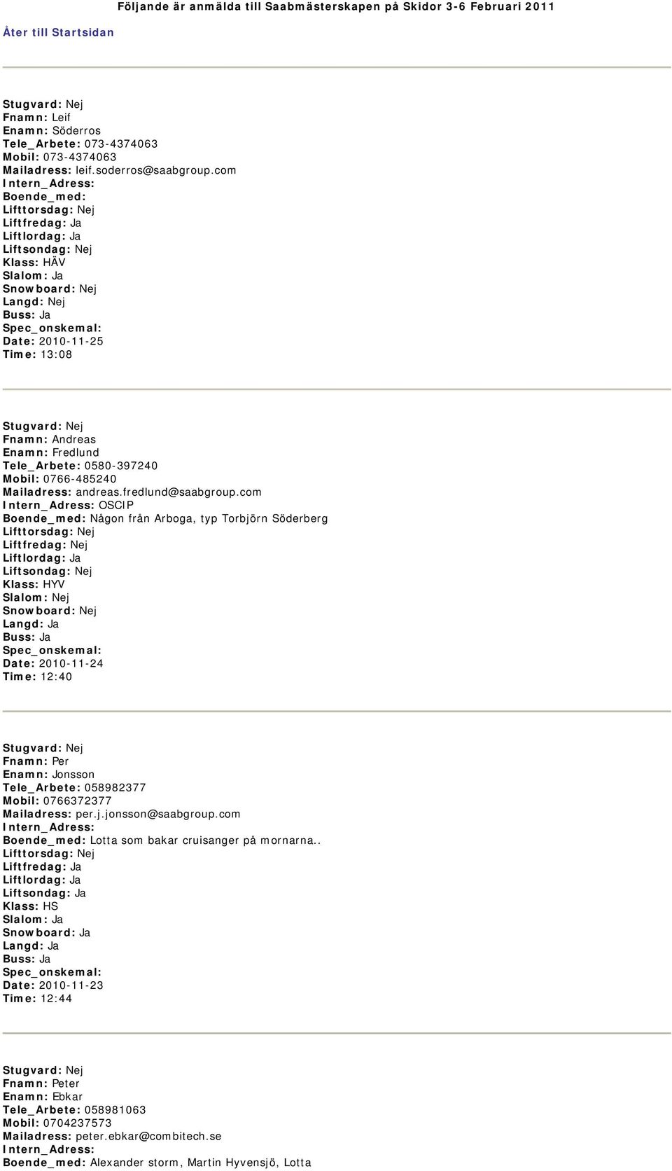 com OSCIP Boende_med: Någon från Arboga, typ Torbjörn Söderberg Liftfredag: Nej Slalom: Nej Date: 2010-11-24 Time: 12:40 Fnamn: Per Enamn: Jonsson Tele_Arbete: 058982377 Mobil: 0766372377 Mailadress: