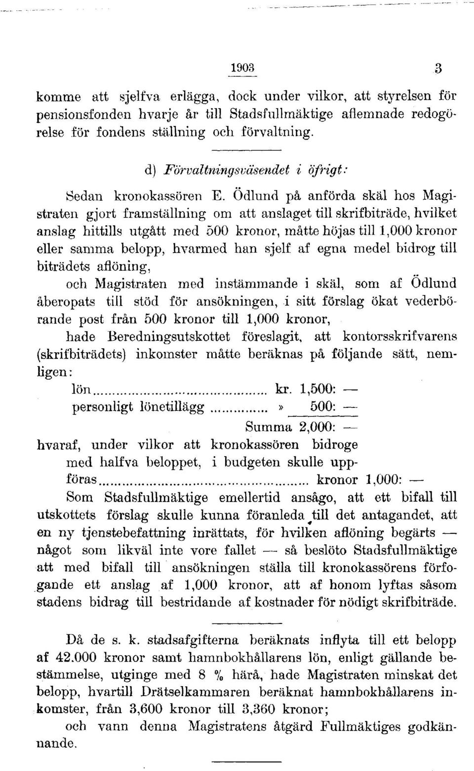 Ödlund på anförda skäl hos Magistraten gjort framställning om att anslaget till skrifbiträde, hvilket anslag hittills utgått med 500 kronor, måtte höjas till 1,000 kronor eller samma belopp, hvarmed