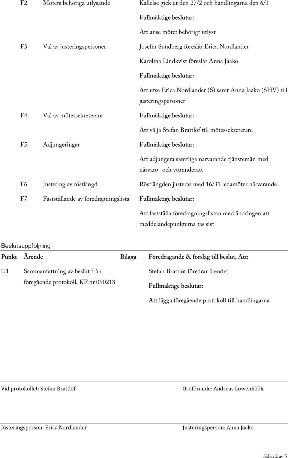 Att adjungera samtliga närvarande tjänstemän med närvaro- och yttranderätt F6 Justering av röstlängd Röstlängden justeras med 16/31 ledamöter närvarande F7 Fastställande av föredragningslista Att