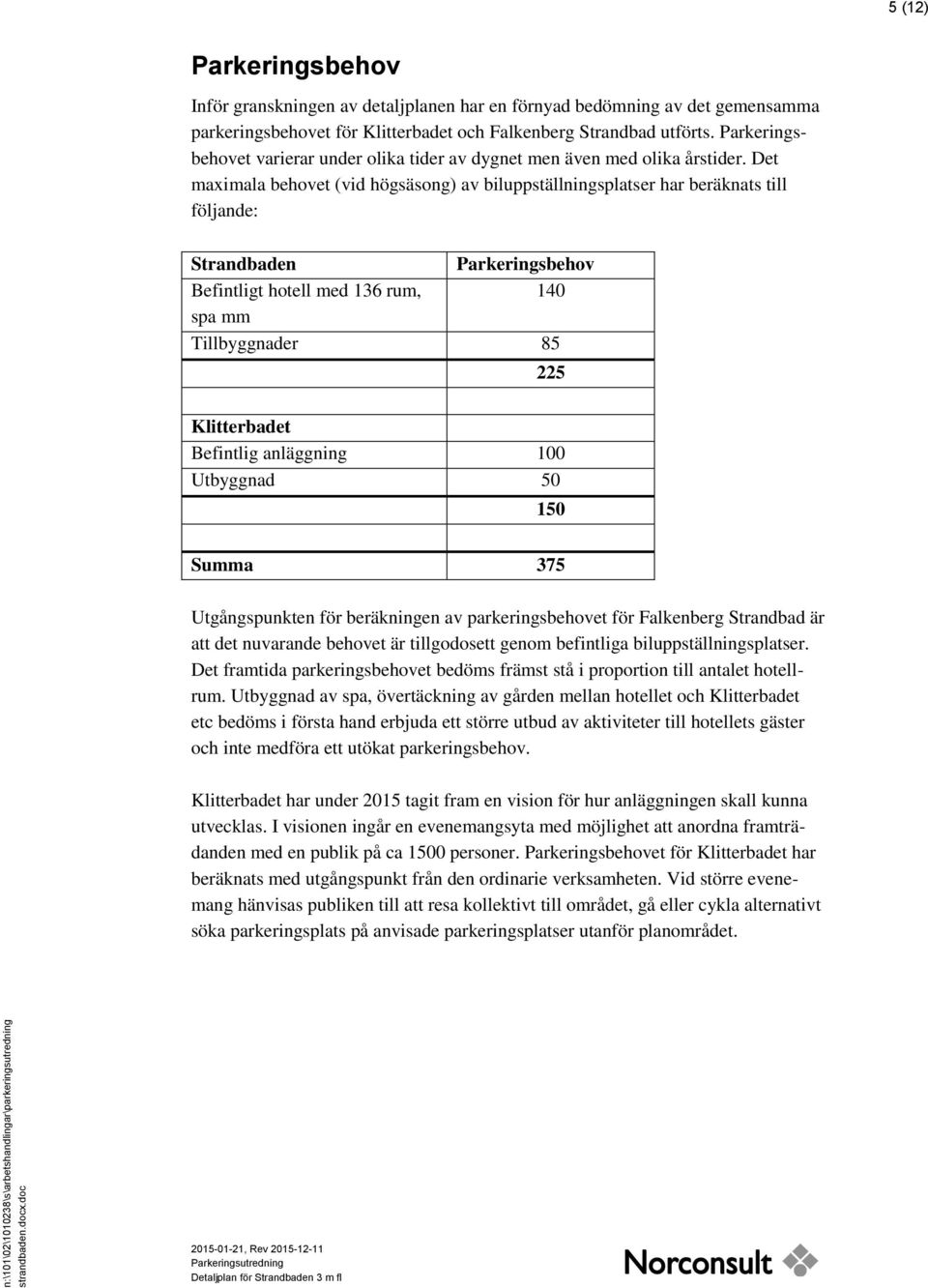 Det maximala behovet (vid högsäsong) av biluppställningsplatser har beräknats till följande: Strandbaden Parkeringsbehov Befintligt hotell med 136 rum, 140 spa mm Tillbyggnader 85 225 Klitterbadet