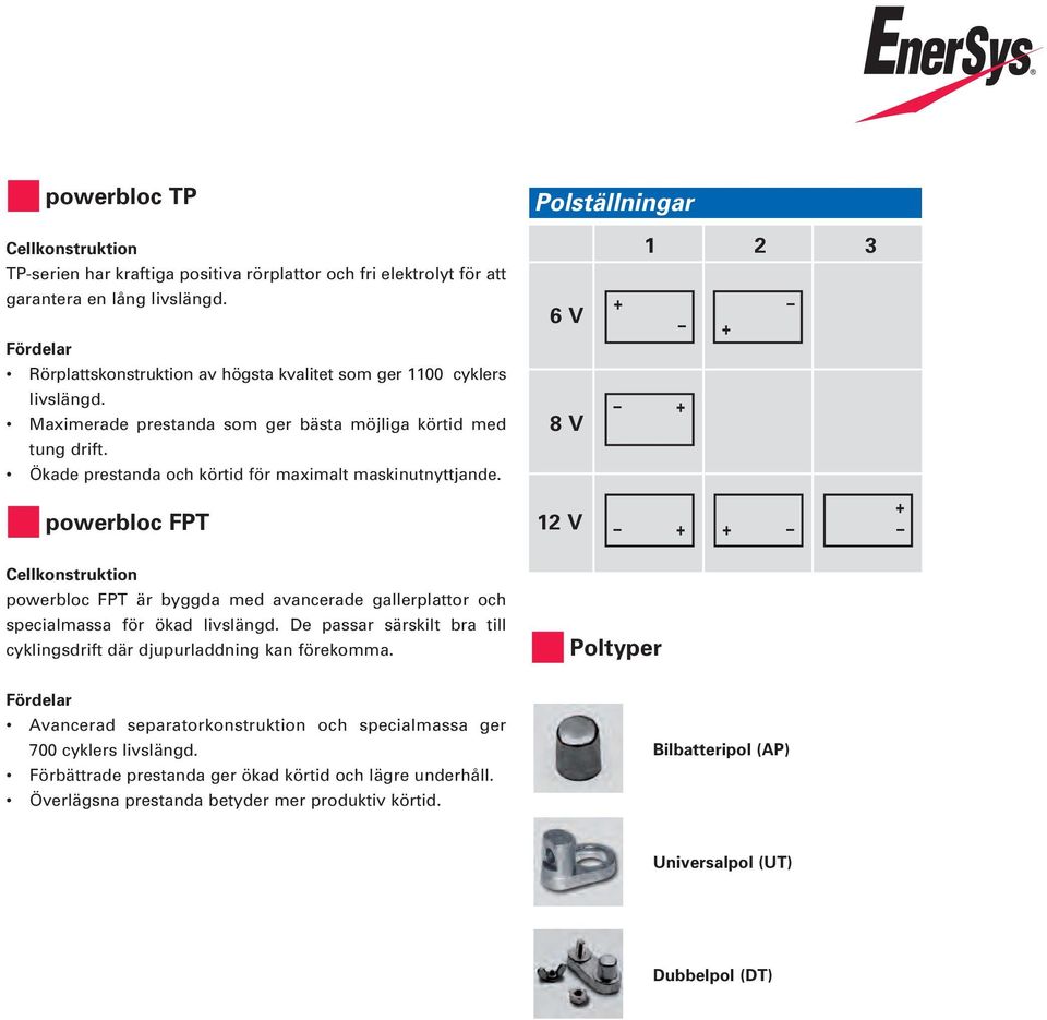 Ökade prestanda och körtid för maximalt maskinutnyttjande. 6 V 8 V powerbloc FPT 12 V Cellkonstruktion powerbloc FPT är byggda med avancerade gallerplattor och specialmassa för ökad livslängd.