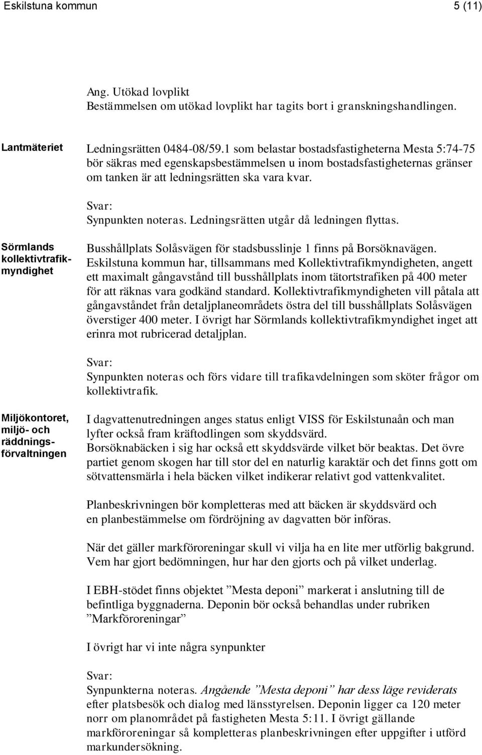 Ledningsrätten utgår då ledningen flyttas. Sörmlands kollektivtrafikmyndighet Busshållplats Solåsvägen för stadsbusslinje 1 finns på Borsöknavägen.