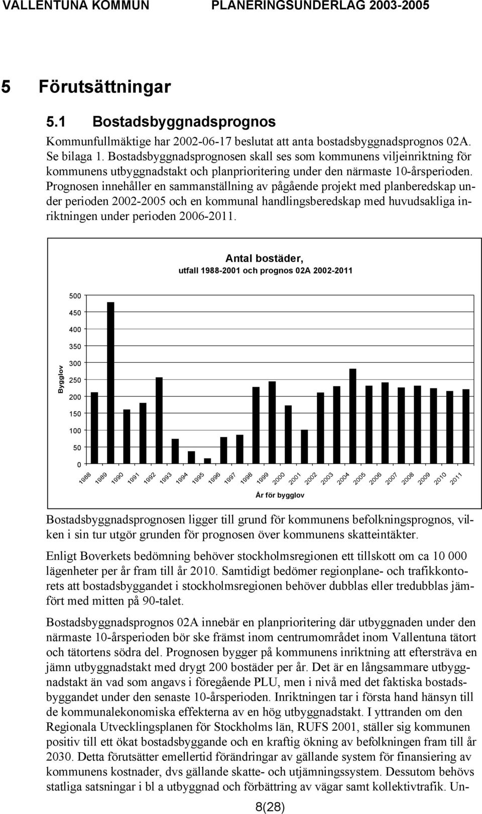 Prognosen innehåller en sammanställning av pågående projekt med planberedskap under perioden 2002-2005 och en kommunal handlingsberedskap med huvudsakliga inriktningen under perioden 2006-2011.