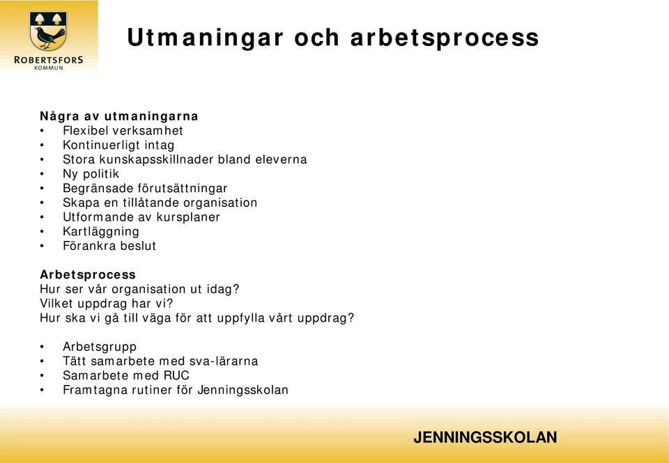 Kartläggning Förankra beslut Arbetsprocess Hur ser vår organisation ut idag? Vilket uppdrag har vi?