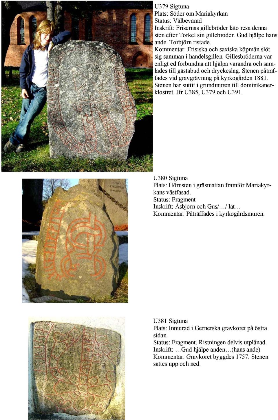 Stenen påträffades vid gravgrävning på kyrkogården 1881. Stenen har suttit i grundmuren till dominikanerklostret. Jfr U385, U379 och U391.