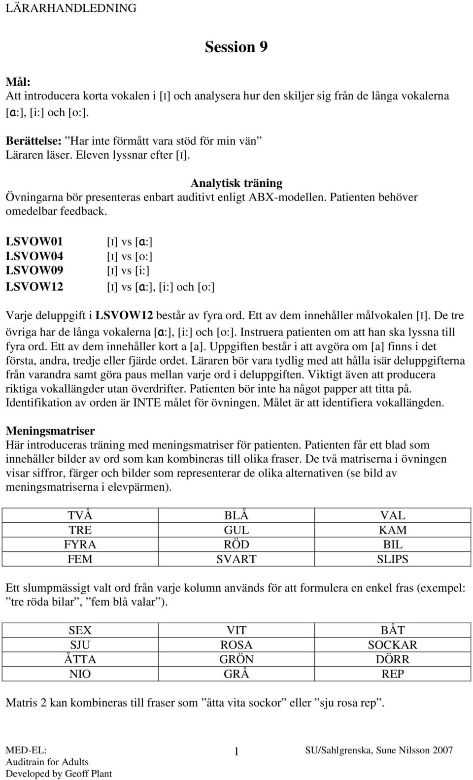 Patienten behöver omedelbar feedback. LSVOW01 LSVOW04 LSVOW09 LSVOW12 [I] vs [a:] [I] vs [o:] [I] vs [i:] [I] vs [a:], [i:] och [o:] Varje deluppgift i LSVOW12 består av fyra ord.