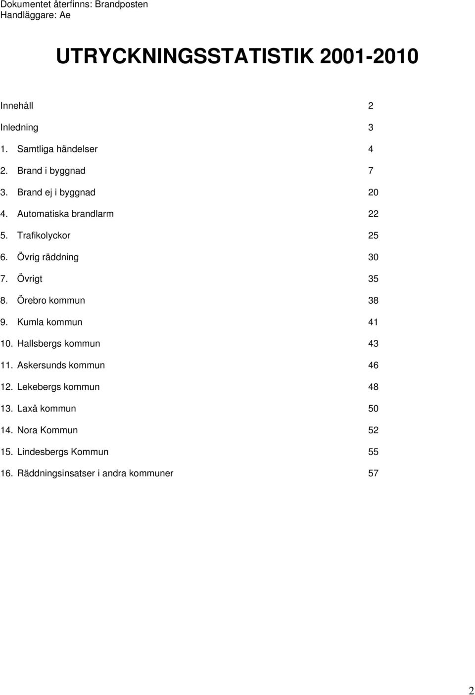 Övrig räddning 3 7. Övrigt 35 8. Örebro kommun 38 9. Kumla kommun 41 1. Hallsbergs kommun 43 11.