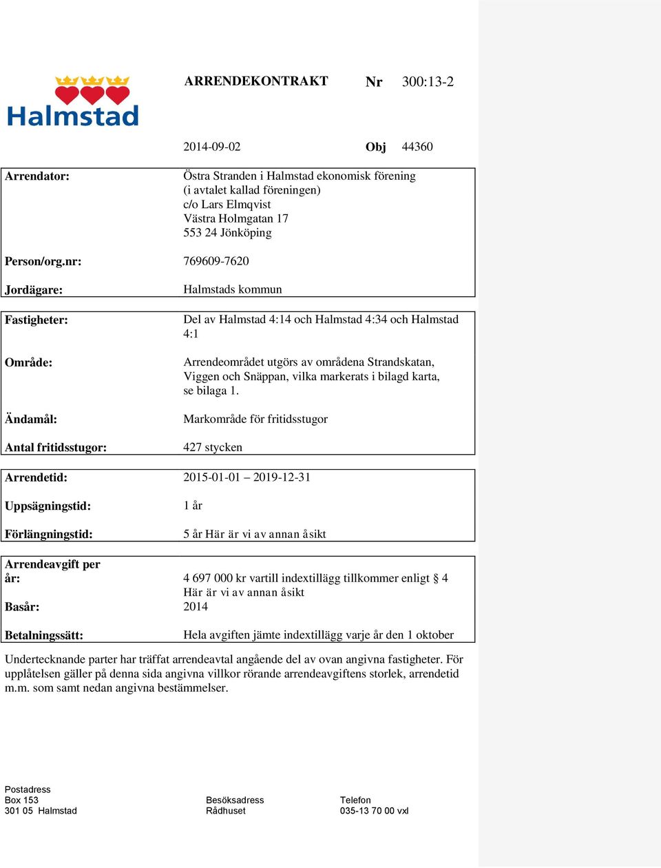 nr: 769609-7620 Jordägare: Fastigheter: Område: Ändamål: Antal fritidsstugor: Halmstads kommun Del av Halmstad 4:14 och Halmstad 4:34 och Halmstad 4:1 Arrendeområdet utgörs av områdena Strandskatan,