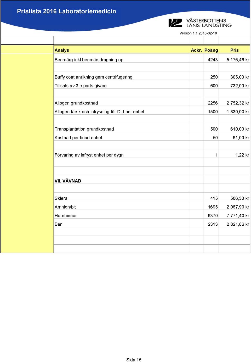 830,00 kr Transplantation grundkostnad 500 610,00 kr Kostnad per tinad enhet 50 61,00 kr Förvaring av infryst enhet per