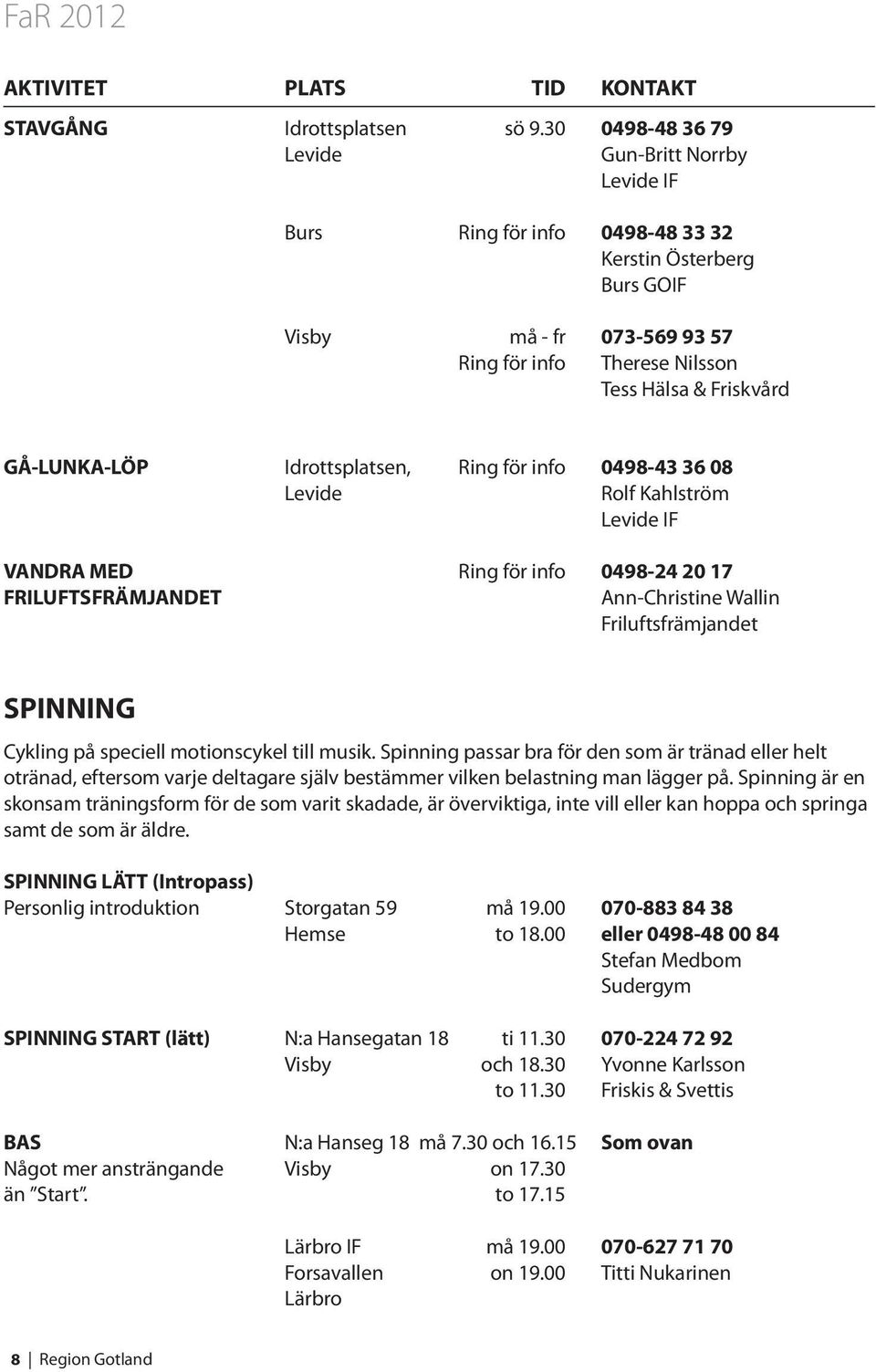 GÅ-LUNKA-LÖP Idrottsplatsen, Ring för info 0498-43 36 08 Levide Rolf Kahlström Levide IF VANDRA MED Ring för info 0498-24 20 17 FRILUFTSFRÄMJANDET Ann-Christine Wallin Friluftsfrämjandet SPINNING