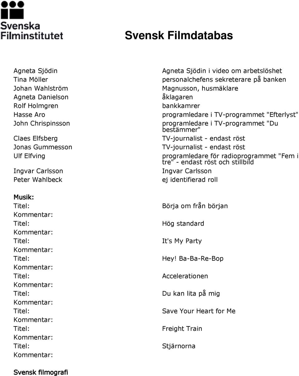 programledare i TV-programmet "Du bestämmer" TV-journalist - endast röst TV-journalist - endast röst programledare för radioprogrammet "Fem i tre" - endast röst och stillbild