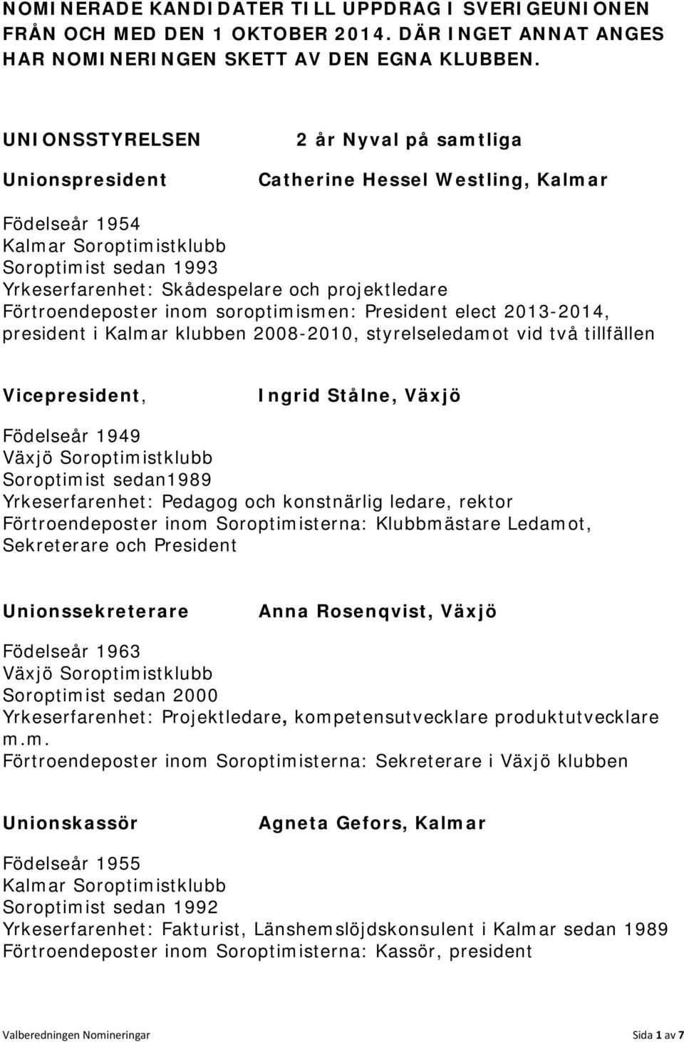 soroptimismen: President elect 2013-2014, president i Kalmar klubben 2008-2010, styrelseledamot vid två tillfällen Vicepresident, Ingrid Stålne, Växjö Födelseår 1949 Växjö Soroptimistklubb