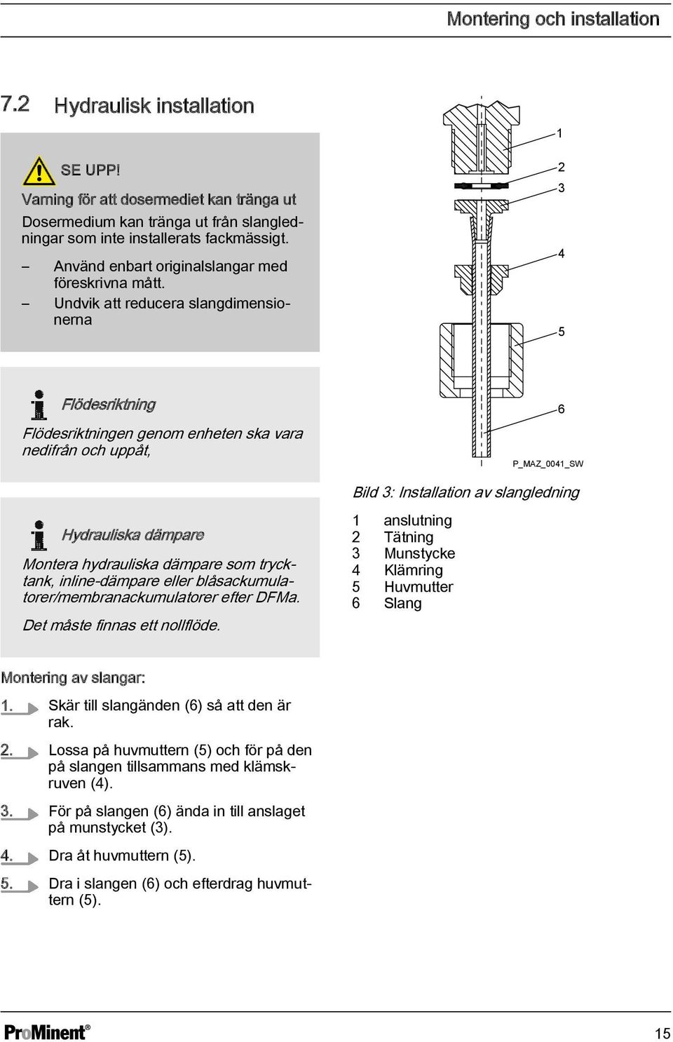 Undvik att reducera slangdimensionerna 2 3 4 5 Flödesriktning Flödesriktningen genom enheten ska vara nedifrån och uppåt, 6 _MAZ_0041_SW Bild 3: Installation av slangledning Hydrauliska dämpare