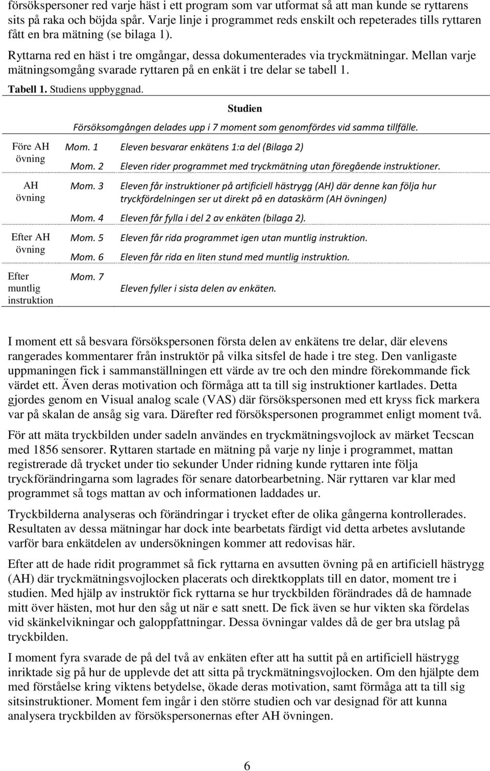 Mellan varje mätningsomgång svarade ryttaren på en enkät i tre delar se tabell 1. Tabell 1. Studiens uppbyggnad.