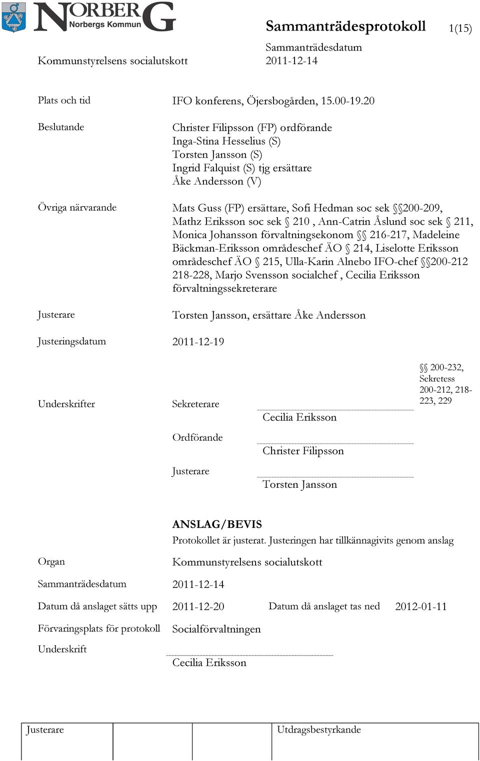 sek 200-209, Mathz Eriksson soc sek 210, Ann-Catrin Åslund soc sek 211, Monica Johansson förvaltningsekonom 216-217, Madeleine Bäckman-Eriksson områdeschef ÄO 214, Liselotte Eriksson områdeschef ÄO