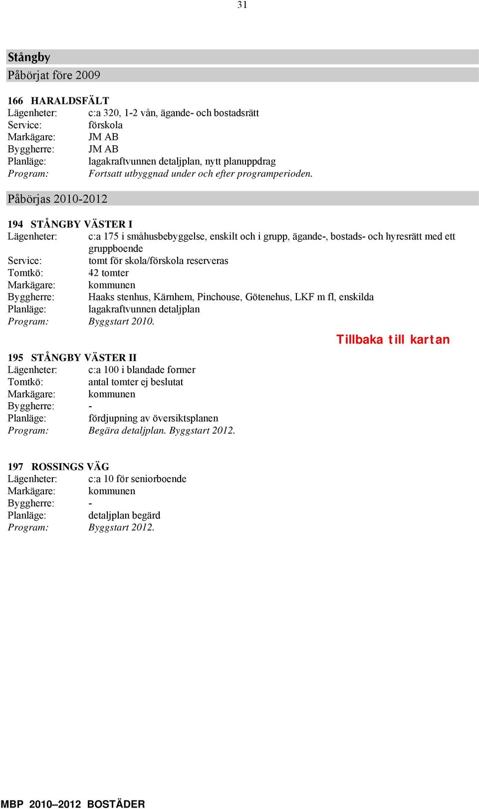 194 STÅNGBY VÄSTER I Lägenheter: c:a 175 i småhusbebyggelse, enskilt och i grupp, ägande-, bostads- och hyresrätt med ett gruppboende Service: tomt för skola/förskola reserveras Tomtkö: 42 tomter