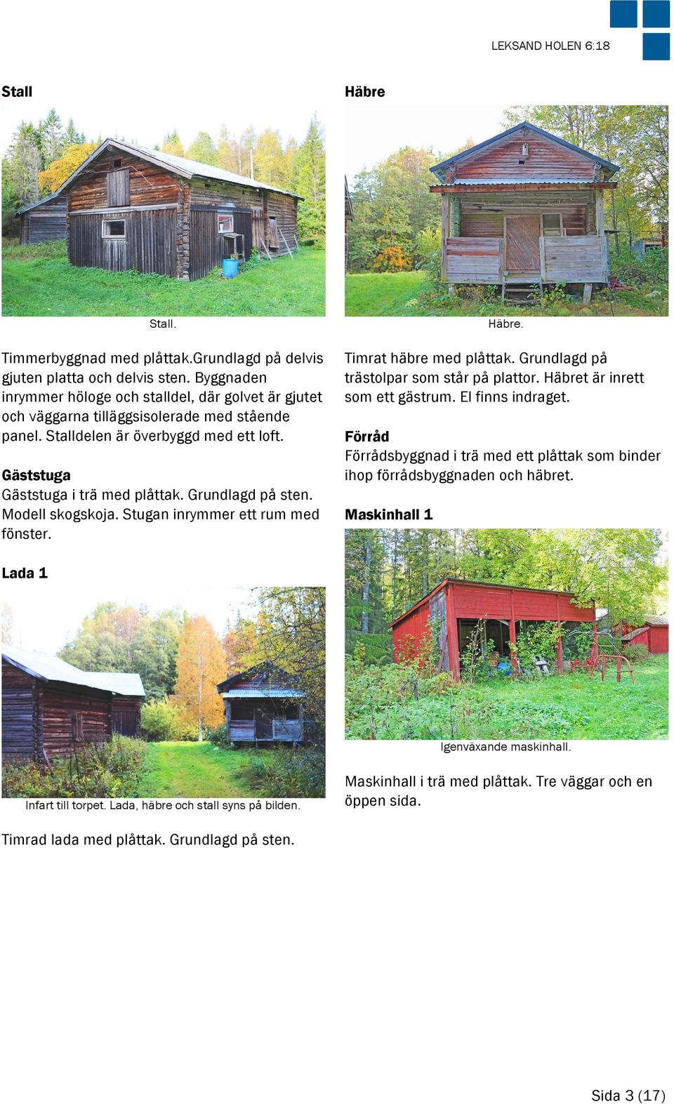 Grundlagd på sten. Modell skogskoja. Stugan inrymmer ett rum med fönster. Häbre. Timrat häbre med plåttak. Grundlagd på trästolpar som står på plattor. Häbret är inrett som ett gästrum.