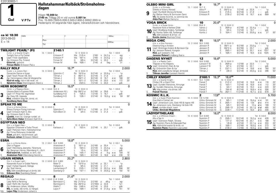 grande häst ägare, tränare/körsven och hästskötare. ca kl 18:30 2013-09-03 E = 14 H TWILIGHT PEARL* (FI) 2140:1 0 4,mbr. s.