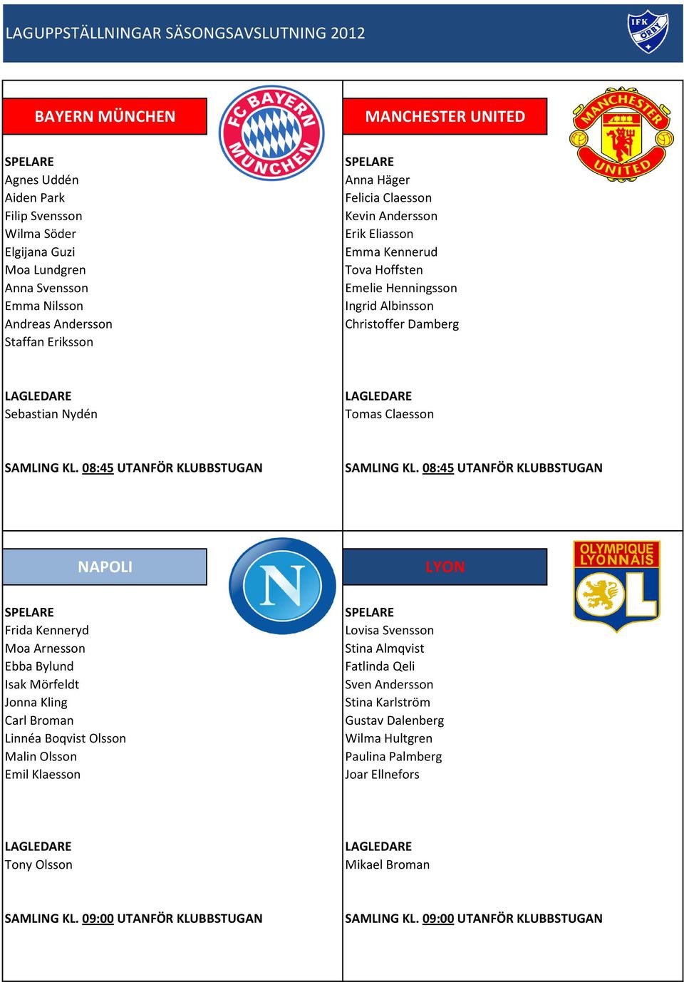 Nydén Tomas Claesson NAPOLI LYON Frida Kenneryd Moa Arnesson Ebba Bylund Isak Mörfeldt Jonna Kling Carl Broman Linnéa Boqvist Olsson Malin Olsson Emil Klaesson