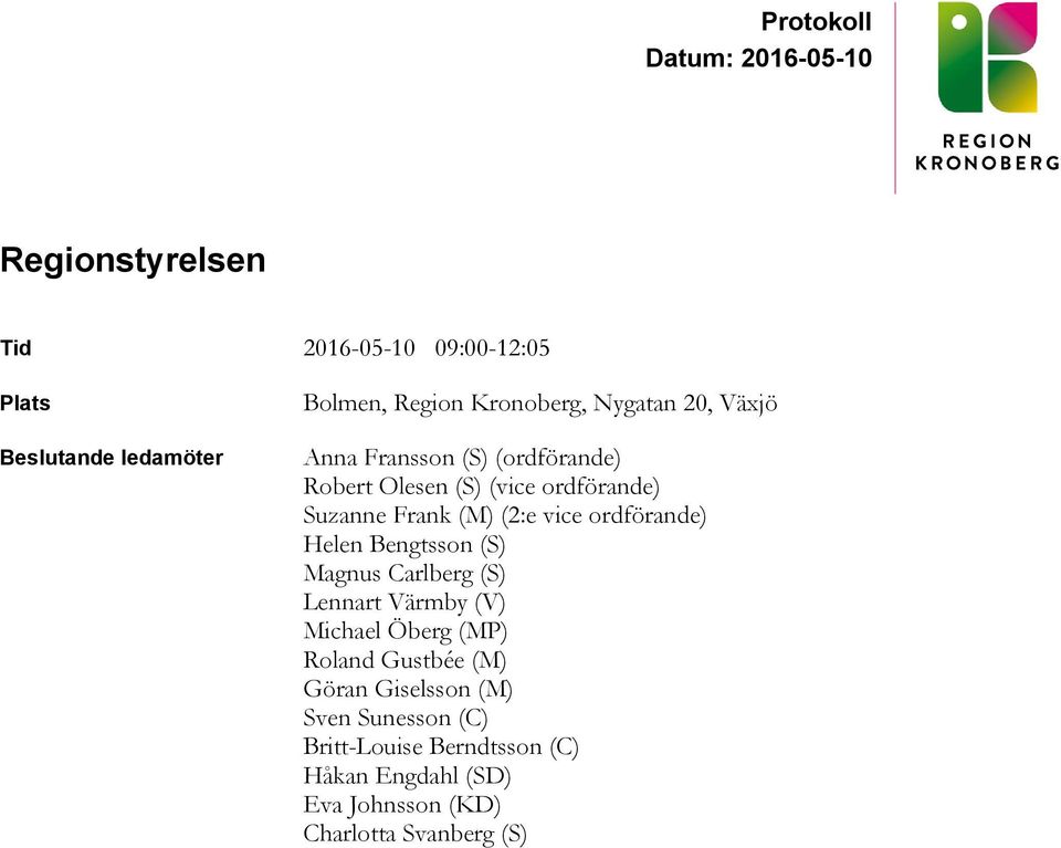 (SD) Eva Johnsson (KD) Charlotta Svanberg (S) ersätter Henrietta Serrate (S) Olof Björkmarker (S) ersätter Martina Gustafsson (S) Ej tjänstgörande ersättare Övriga närvarande Utses att justera