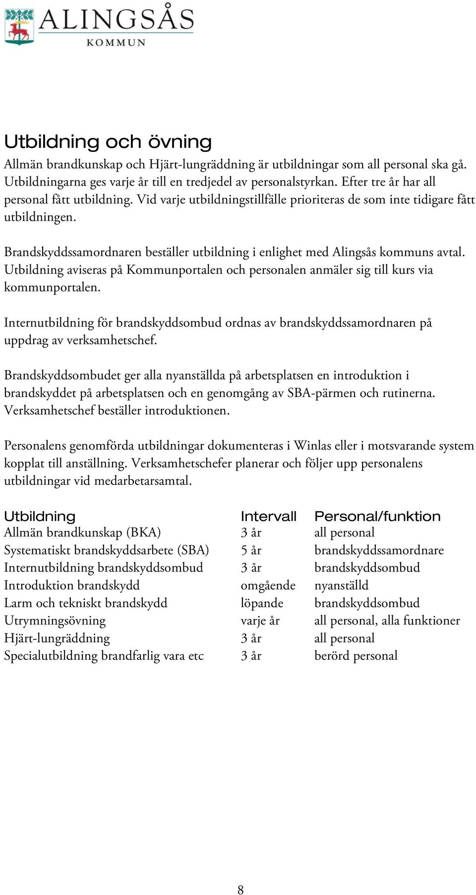 Brandskyddssamordnaren beställer utbildning i enlighet med Alingsås kommuns avtal. Utbildning aviseras på Kommunportalen och personalen anmäler sig till kurs via kommunportalen.