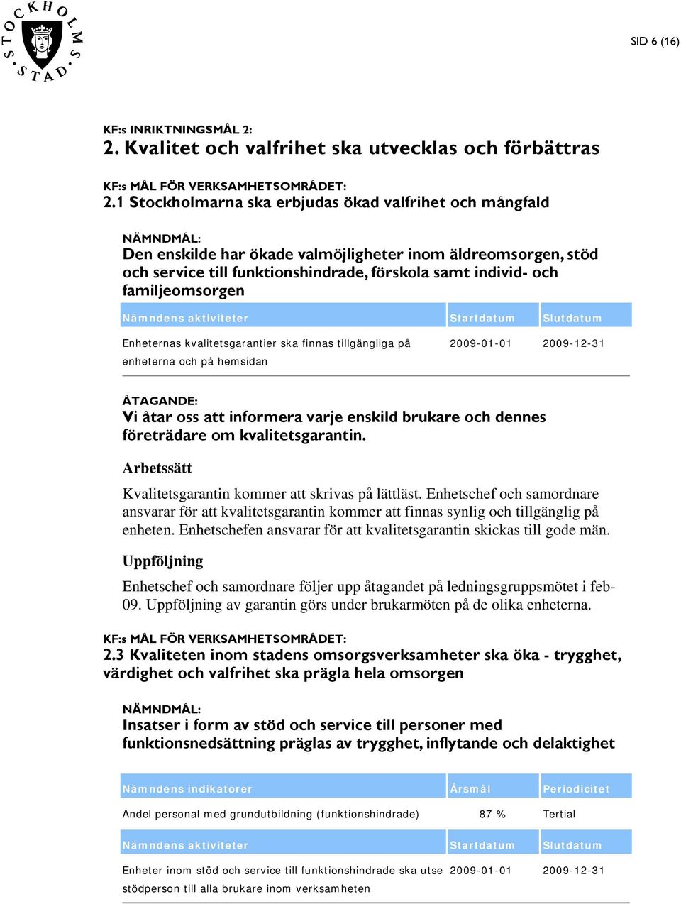 familjeomsorgen Nämndens aktiviteter Startdatum Slutdatum Enheternas kvalitetsgarantier ska finnas tillgängliga på enheterna och på hemsidan Vi åtar oss att informera varje enskild brukare och dennes