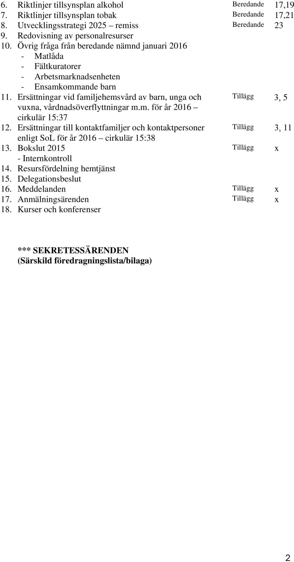 Ersättningar vid familjehemsvård av barn, unga och Tillägg 3, 5 vuxna, vårdnadsöverflyttningar m.m. för år 2016 cirkulär 15:37 12.