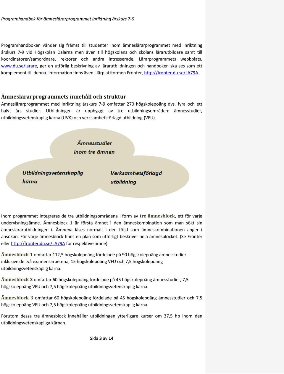 se/larare, ger en utförlig beskrivning av lärarutbildningen och handboken ska ses som ett komplement till denna. Information finns även i lärplattformen Fronter, http://fronter.du.se/la79a.