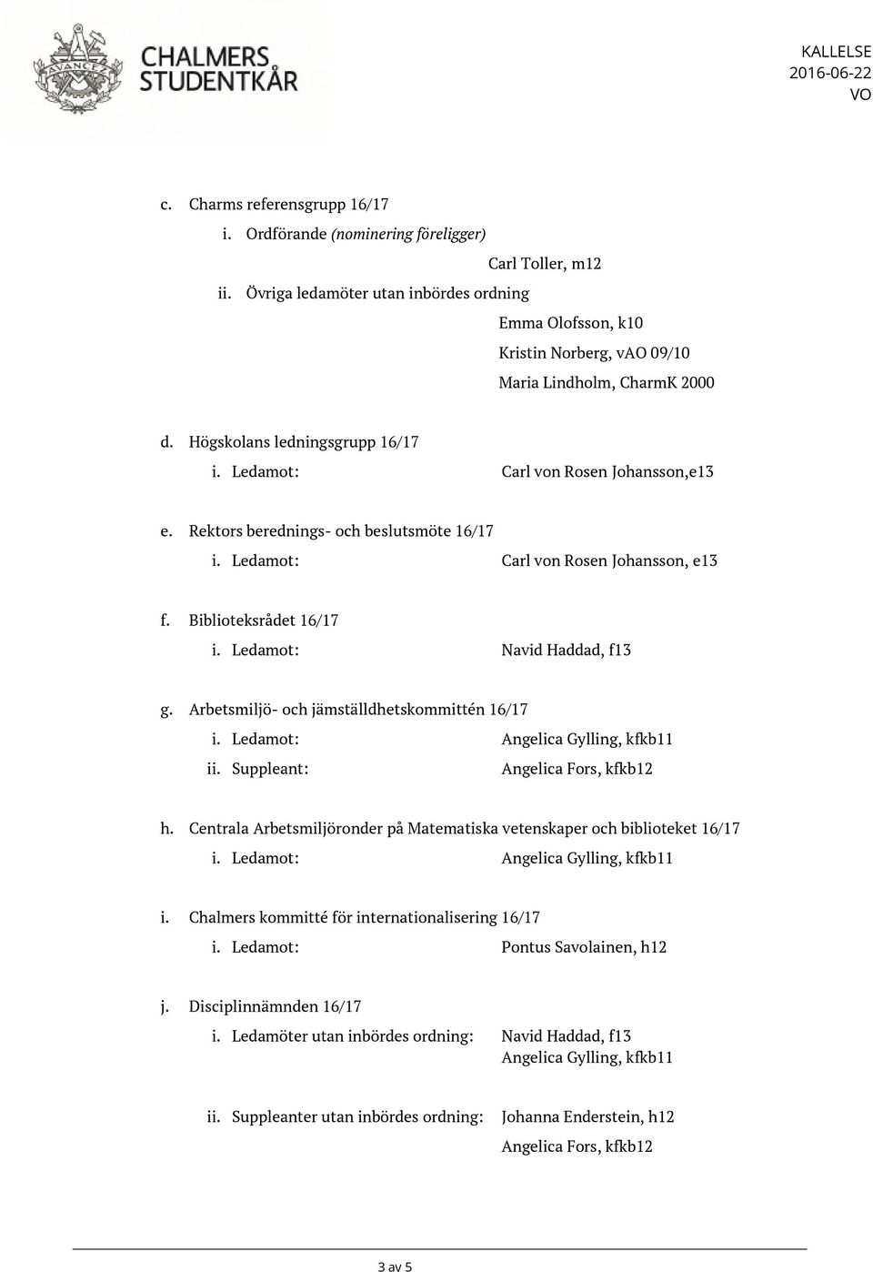 Rektors berednings- och beslutsmöte 16/17 i. Ledamot: Carl von Rosen Johansson, e13 f. Biblioteksrådet 16/17 i. Ledamot: Navid Haddad, f13 g. Arbetsmiljö- och jämställdhetskommittén 16/17 i.