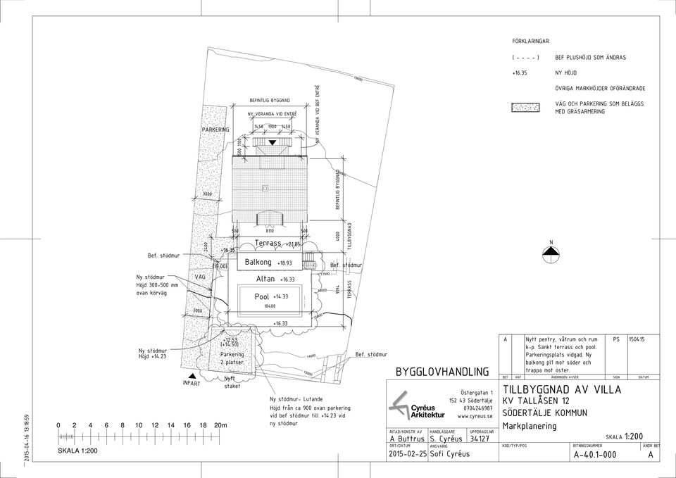 00) 8110 Terrass Balkong +18.93 4000 BYGGND 18000 TILLBYGGND Bef. stödmur N Ny stödmur Höjd 300- mm ovan körväg VÄG 3000 ltan Pool 10400 +14.