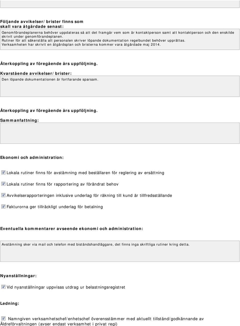 Verksamheten har skrivit en åtgärdsplan och bristerna kommer vara åtgärdade maj 2014. Återkoppling av föregående års uppföljning.