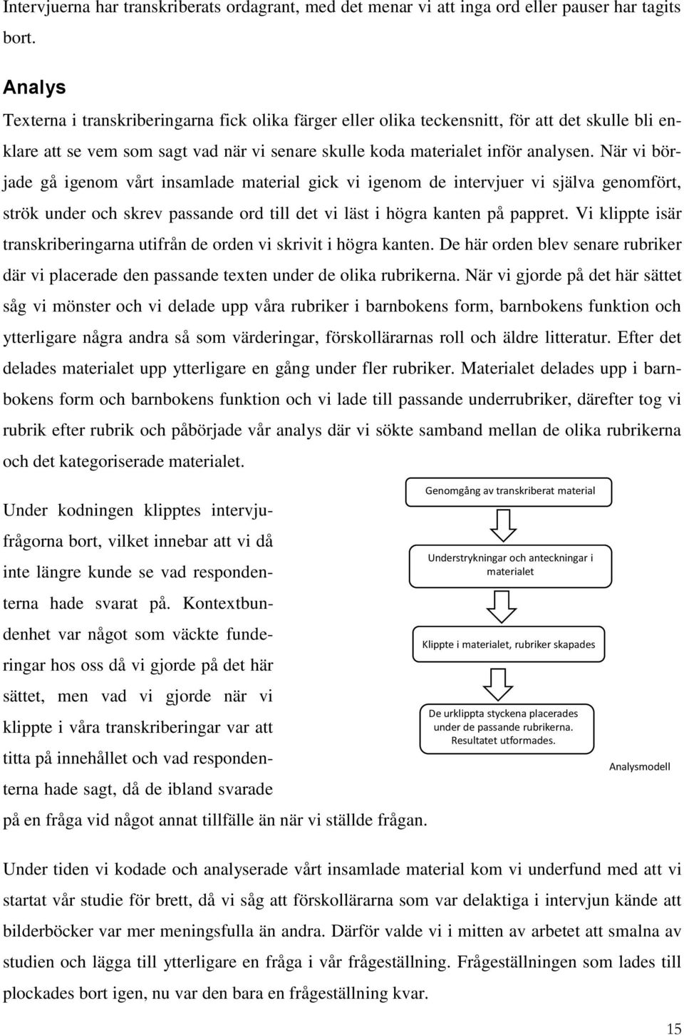 När vi började gå igenom vårt insamlade material gick vi igenom de intervjuer vi själva genomfört, strök under och skrev passande ord till det vi läst i högra kanten på pappret.