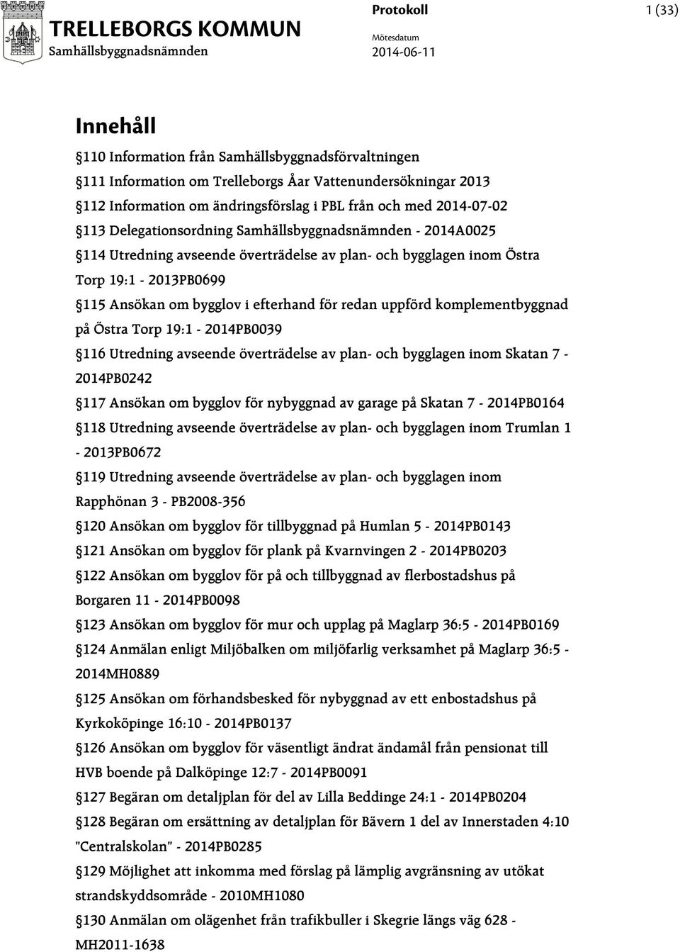 komplementbyggnad på Östra Torp 19:1-2014PB0039 116 Utredning avseende överträdelse av plan- och bygglagen inom Skatan 7-2014PB0242 117 Ansökan om bygglov för nybyggnad av garage på Skatan