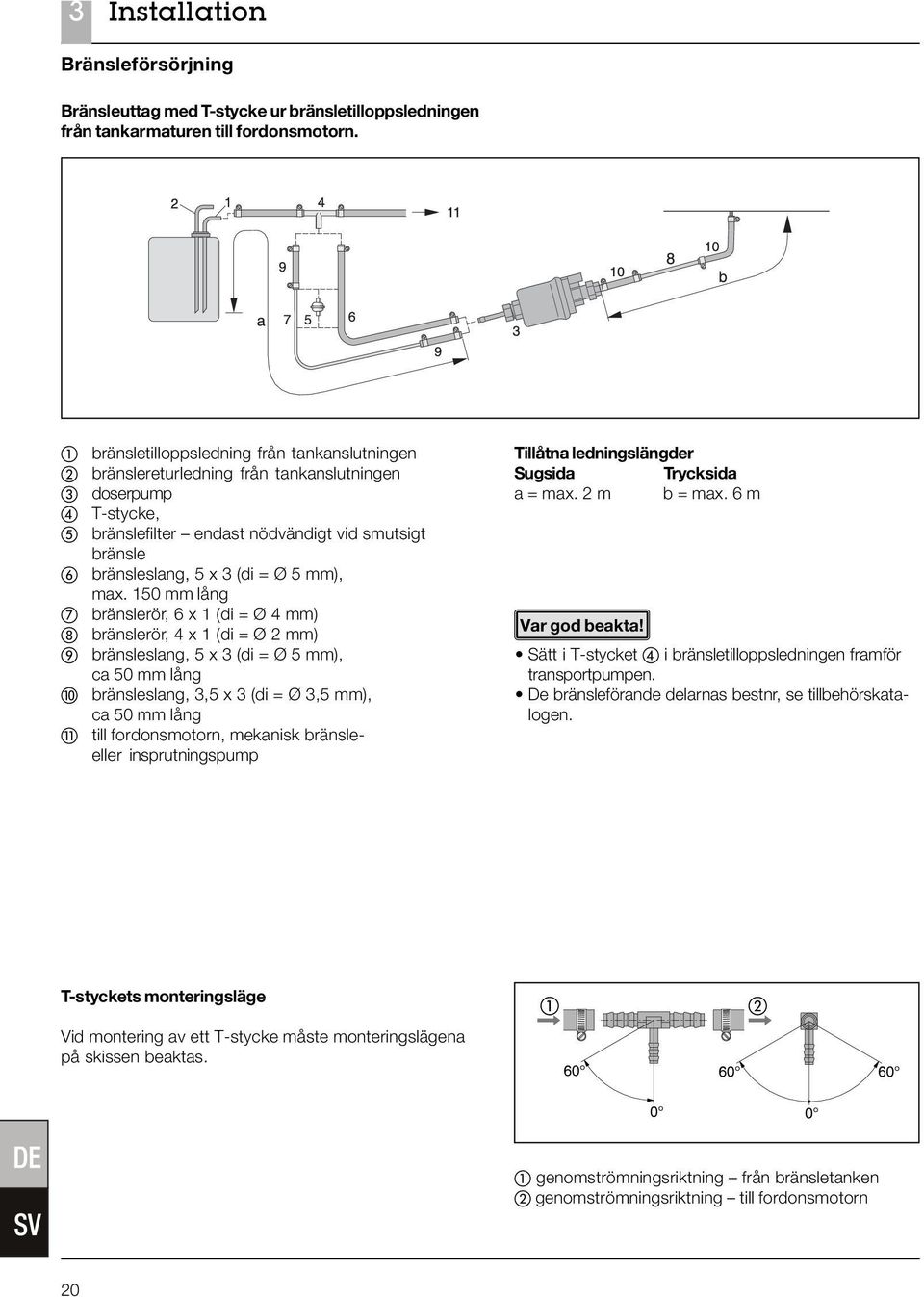 150 mm lång bränslerör, 6 x 1 (di = Ø 4 mm) bränslerör, 4 x 1 (di = Ø 2 mm) bränsleslang, 5 x 3 (di = Ø 5 mm), ca 50 mm lång bränsleslang, 3,5 x 3 (di = Ø 3,5 mm), ca 50 mm lång till fordonsmotorn,