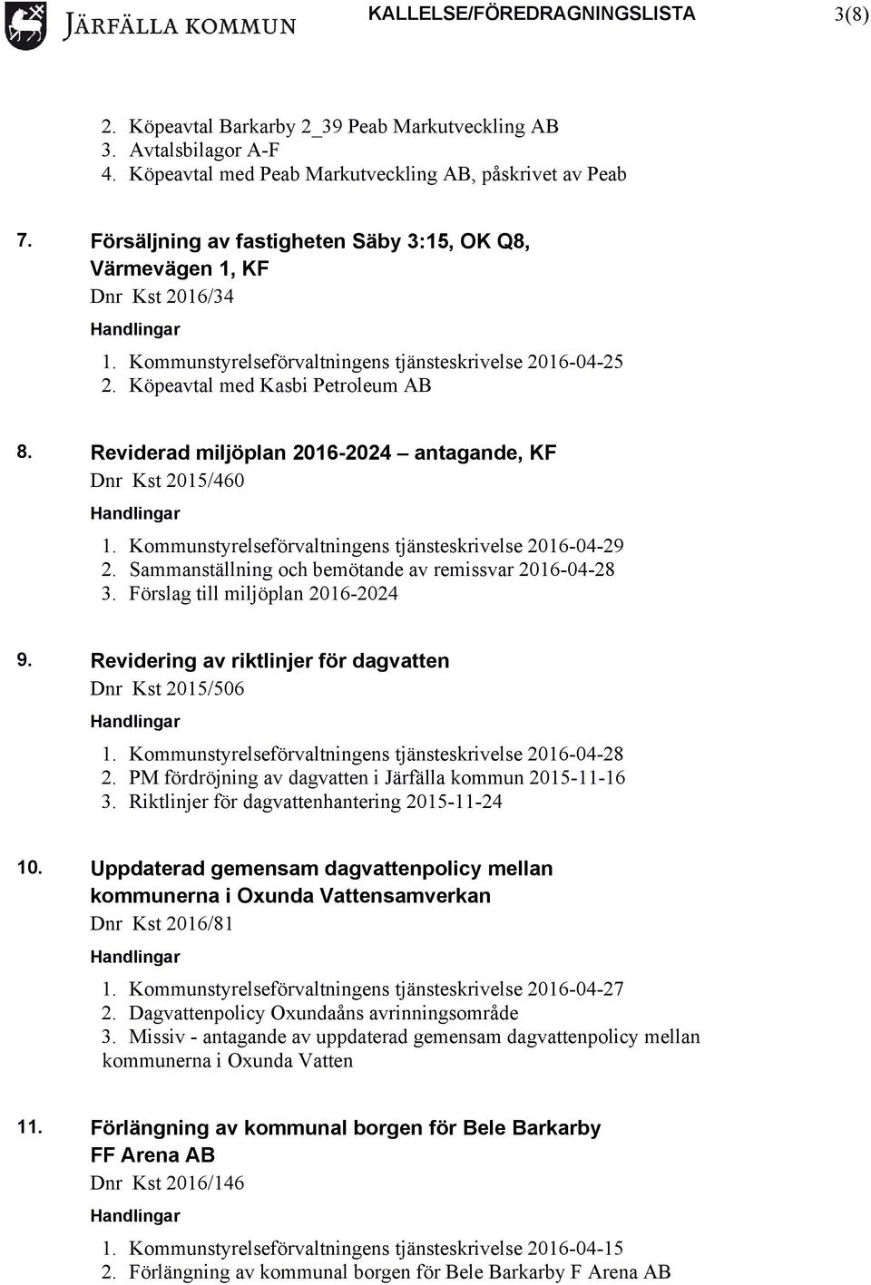 Reviderad miljöplan 2016-2024 antagande, KF Dnr Kst 2015/460 1. Kommunstyrelseförvaltningens tjänsteskrivelse 2016-04-29 2. Sammanställning och bemötande av remissvar 2016-04-28 3.