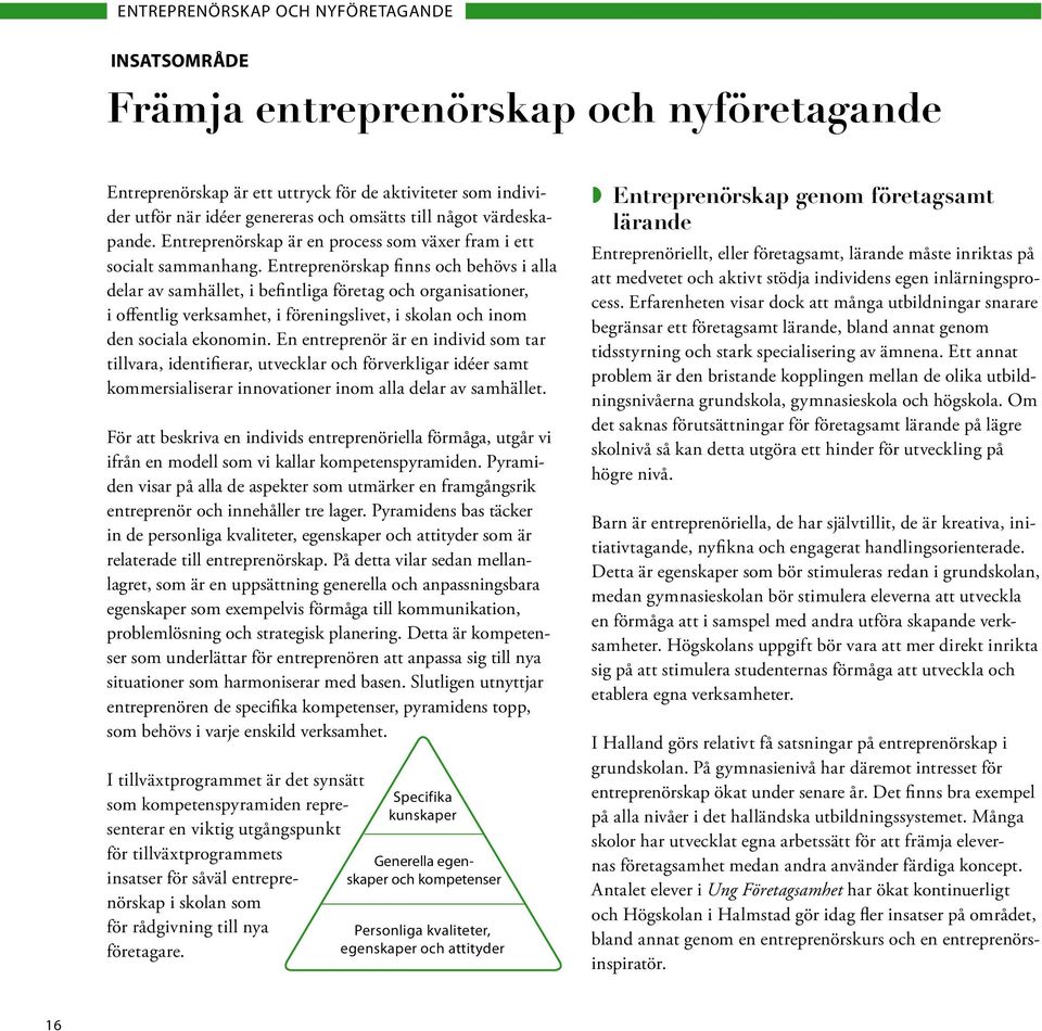 Entreprenörskap finns och behövs i alla delar av samhället, i befintliga företag och organisationer, i offentlig verksamhet, i föreningslivet, i skolan och inom den sociala ekonomin.