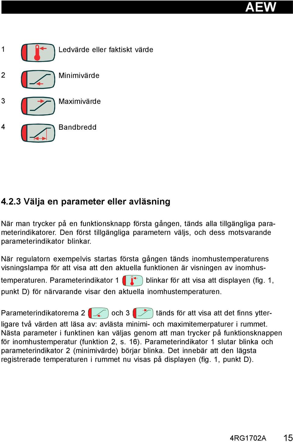 När regulatorn exempelvis startas första gången tänds inomhustemperaturens visningslampa för att visa att den aktuella funktionen är visningen av inomhustemperaturen.