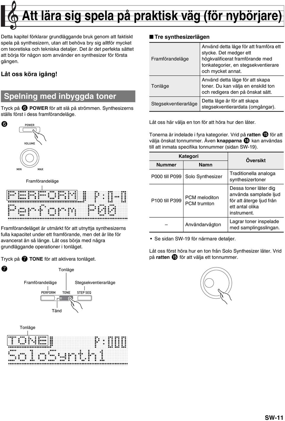 Spelning med inbyggda toner Tryck på 6 POWER för att slå på strömmen. Synthesizerns ställs först i dess framförandeläge.