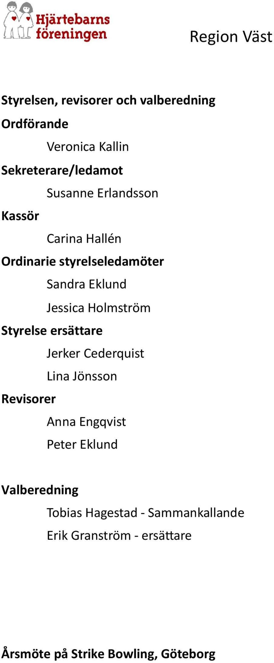 Styrelse ersättare Jerker Cederquist Lina Jönsson Revisorer Anna Engqvist Peter Eklund