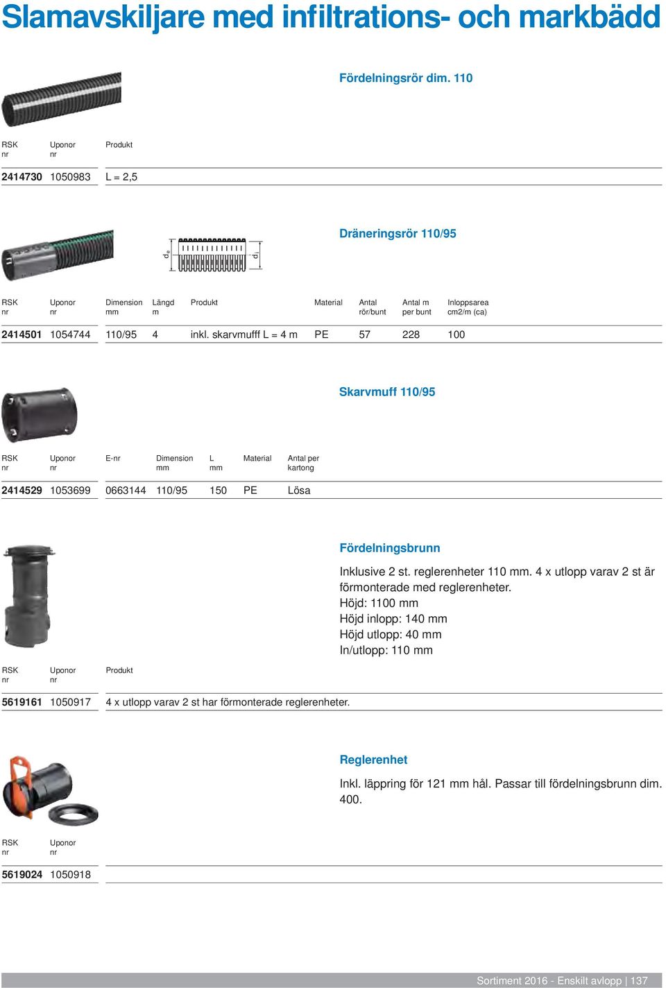 skarvmufff L = 4 m PE 57 228 100 Skarvmuff 110/95 E- Dimension mm L mm Material Antal per kartong 2414529 1053699 0663144 110/95 150 PE Lösa Fördelningsbrunn Inklusive 2 st. reglerenheter 110 mm.